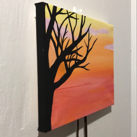 Sunset painting with tree silhouette and clouds - Picture 2 of 3